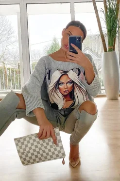 Rebellious Fashion Grey Vogue Graphic Slouchy Knit Jumper - Janel