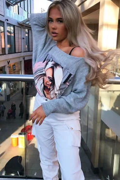 Rebellious Fashion Grey Vogue Graphic Slouchy Knit Jumper - Janel
