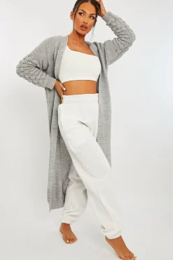 Rebellious Fashion Grey Waffle Sleeve Maxi Cardigan - Davaya