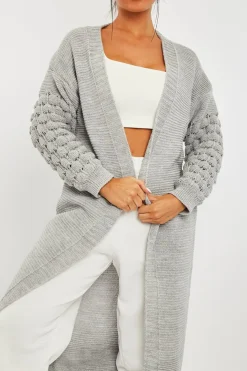 Rebellious Fashion Grey Waffle Sleeve Maxi Cardigan - Davaya