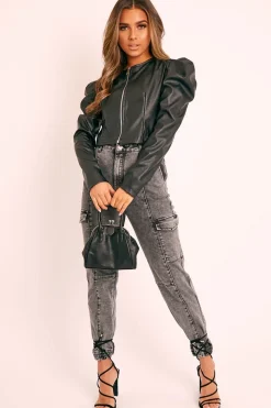 Rebellious Fashion Grey Washed Cargo Cuffed Jeans - Olanna