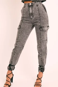 Rebellious Fashion Grey Washed Cargo Cuffed Jeans - Olanna