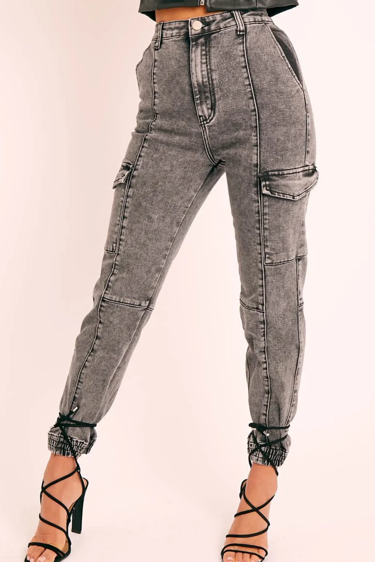 Rebellious Fashion Grey Washed Cargo Cuffed Jeans - Olanna