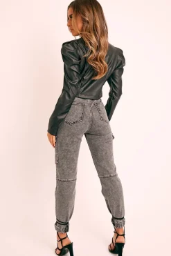 Rebellious Fashion Grey Washed Cargo Cuffed Jeans - Olanna