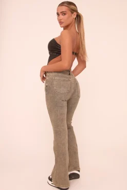 Rebellious Fashion Grey Washed Stretch Kick Flare Denim Jeans - Orla