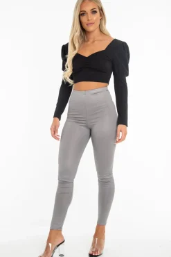 Rebellious Fashion Grey Wet Look High Waist Leggings - Imogen
