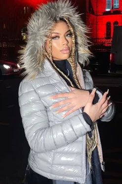 Rebellious Fashion Grey Wet Look Puffer Coat - Soph