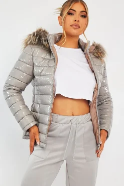 Rebellious Fashion Grey Wet Look Puffer Coat - Soph