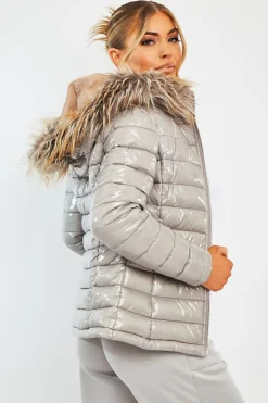 Rebellious Fashion Grey Wet Look Puffer Coat - Soph