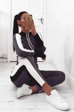 Rebellious Fashion Grey White and Black Striped Tracksuit - Cayla