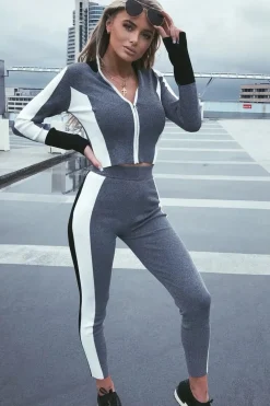Rebellious Fashion Grey White and Black Striped Tracksuit - Cayla