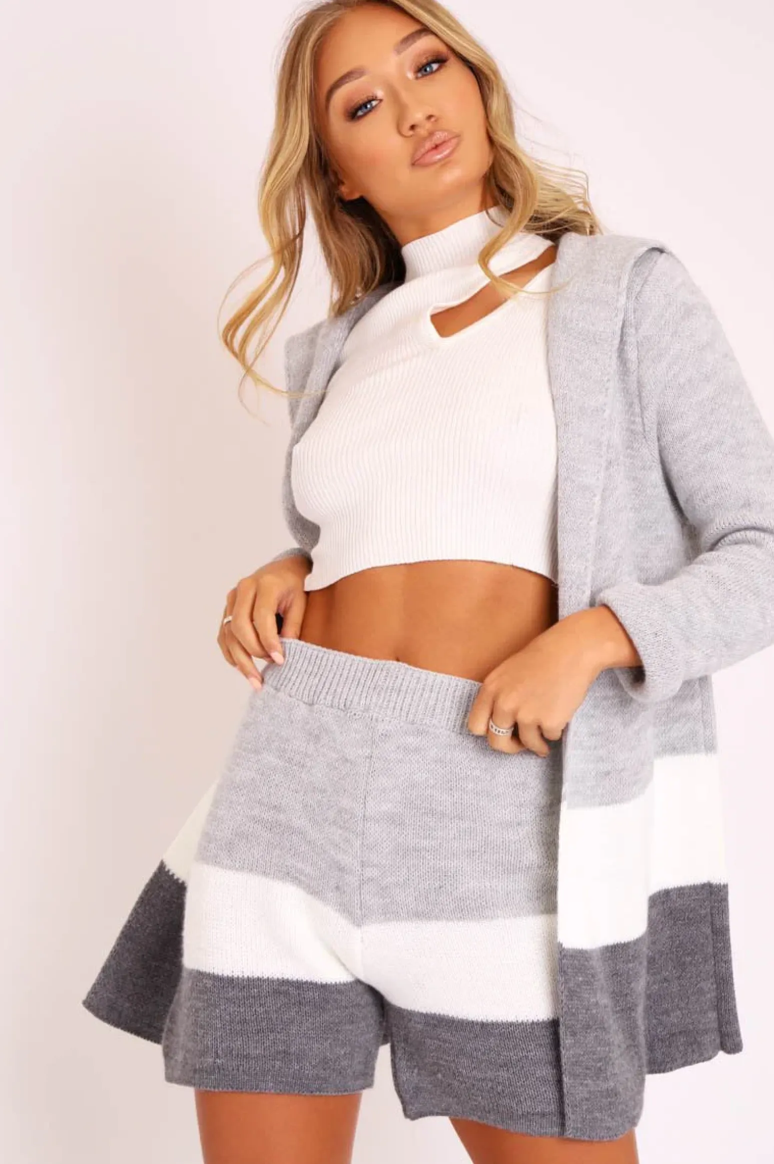 Rebellious Fashion Grey White Knitted Shorts and Hooded Cardigan Co-ord - Kyrie