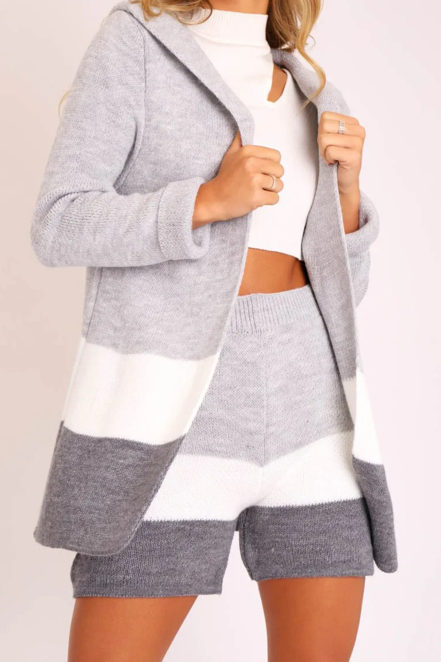 Rebellious Fashion Grey White Knitted Shorts and Hooded Cardigan Co-ord - Kyrie