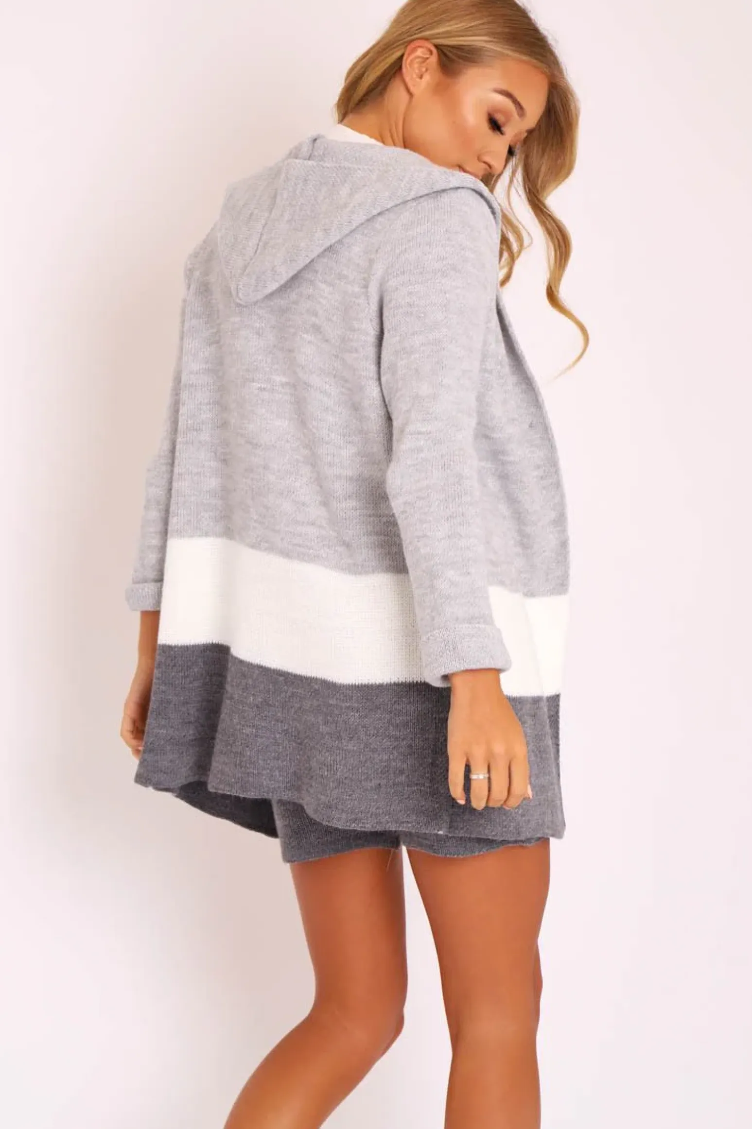 Rebellious Fashion Grey White Knitted Shorts and Hooded Cardigan Co-ord - Kyrie