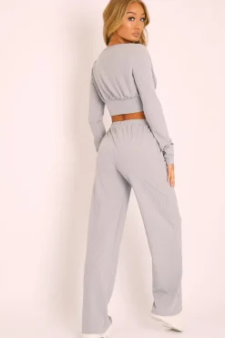 Rebellious Fashion Grey Wide Leg Ribbed Plunge Neck Co-ord - Brooke
