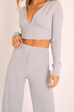 Rebellious Fashion Grey Wide Leg Ribbed Plunge Neck Co-ord - Brooke
