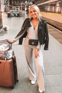 Rebellious Fashion Grey Wide Leg Rib Plunge Jersey Jumpsuit - Tarlia