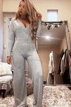 Rebellious Fashion Grey Wide Leg Rib Plunge Jersey Jumpsuit - Tarlia