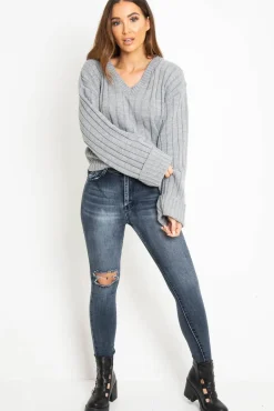 Rebellious Fashion Grey Wide Rib V Neck Jumper - Alinah