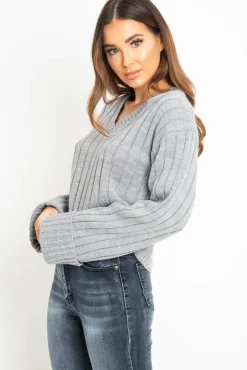 Rebellious Fashion Grey Wide Rib V Neck Jumper - Alinah