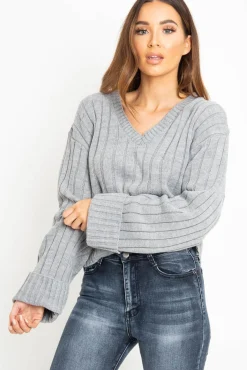 Rebellious Fashion Grey Wide Rib V Neck Jumper - Alinah
