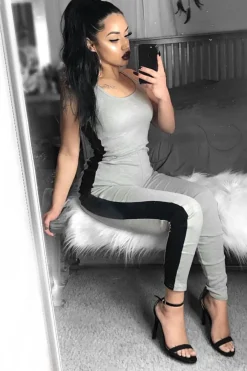 Rebellious Fashion Grey With Black Side Stripe Bodycon Jumpsuit - Tinisha