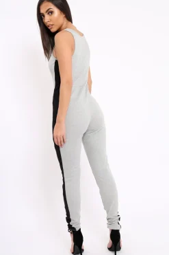 Rebellious Fashion Grey With Black Side Stripe Bodycon Jumpsuit - Tinisha