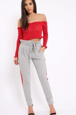 Rebellious Fashion Grey With Red Stripe Paper Bag Tie Waist Cigarette Trousers - Karmen