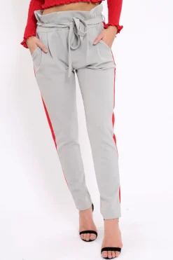Rebellious Fashion Grey With Red Stripe Paper Bag Tie Waist Cigarette Trousers - Karmen