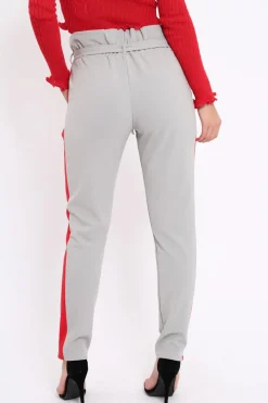 Rebellious Fashion Grey With Red Stripe Paper Bag Tie Waist Cigarette Trousers - Karmen