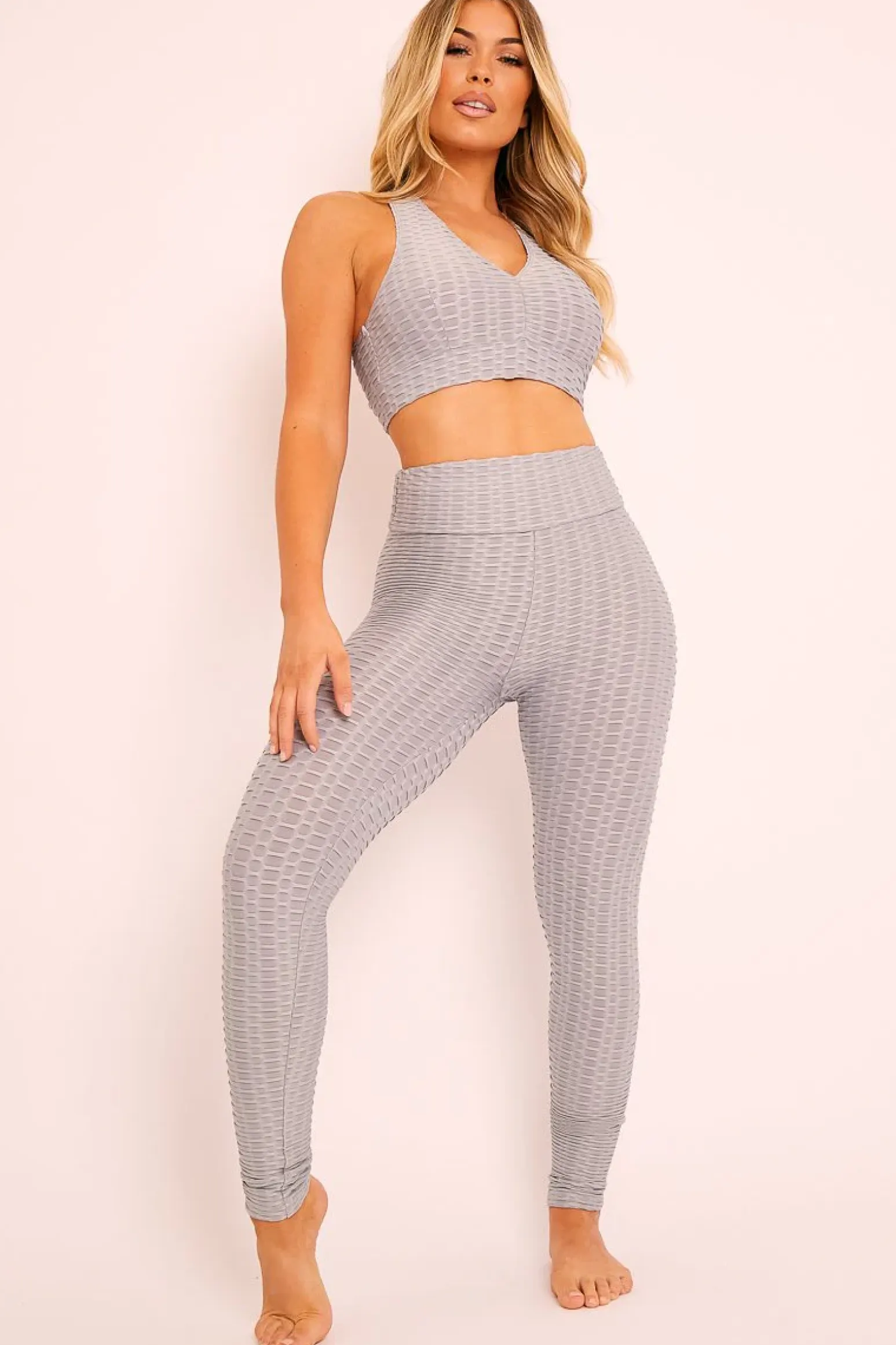 Rebellious Fashion Grey Woven Ribbed Leggings and Crop Top Co-ord - Henli