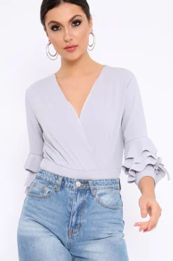 Rebellious Fashion Grey Wrap Front Frill Sleeves Bodysuit - Yazlin