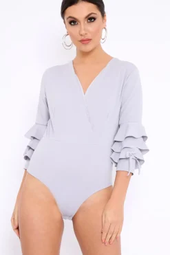 Rebellious Fashion Grey Wrap Front Frill Sleeves Bodysuit - Yazlin