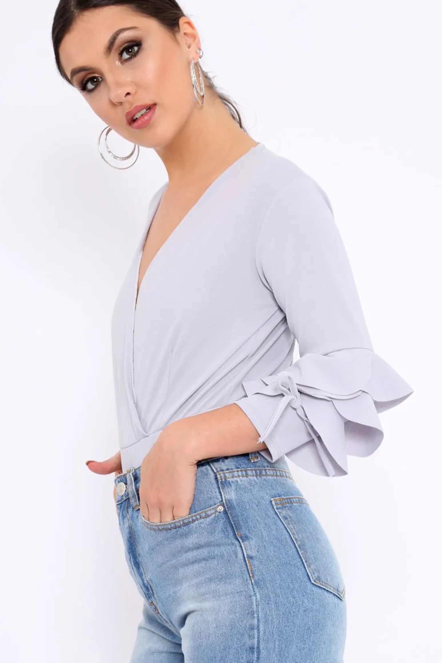 Rebellious Fashion Grey Wrap Front Frill Sleeves Bodysuit - Yazlin