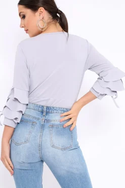 Rebellious Fashion Grey Wrap Front Frill Sleeves Bodysuit - Yazlin
