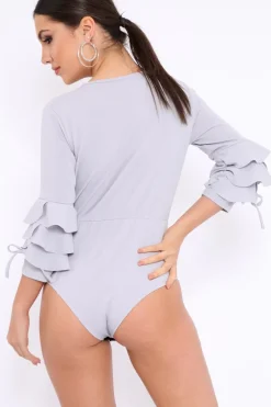 Rebellious Fashion Grey Wrap Front Frill Sleeves Bodysuit - Yazlin