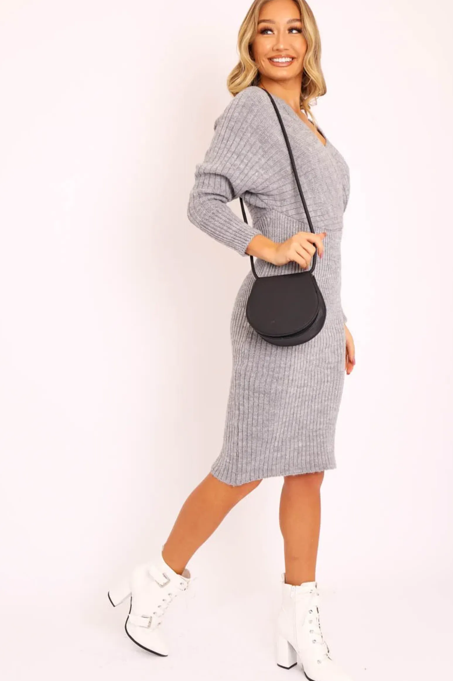 Rebellious Fashion Grey Wrap Front Midi Jumper Dress - Edan