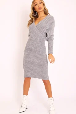 Rebellious Fashion Grey Wrap Front Midi Jumper Dress - Edan
