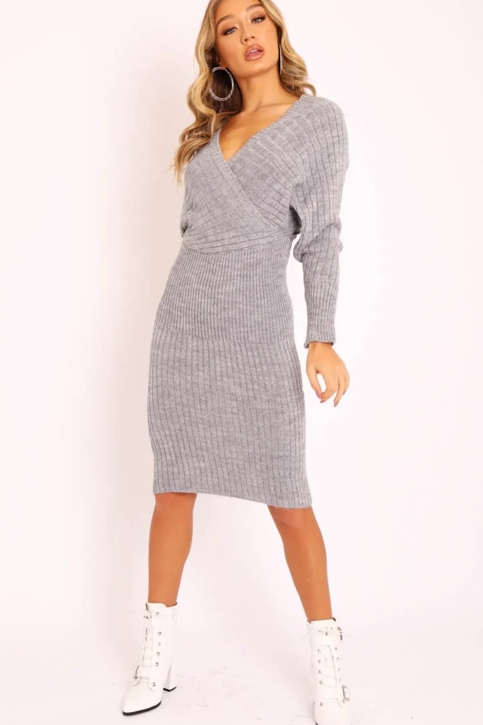 Rebellious Fashion Grey Wrap Front Midi Jumper Dress - Edan
