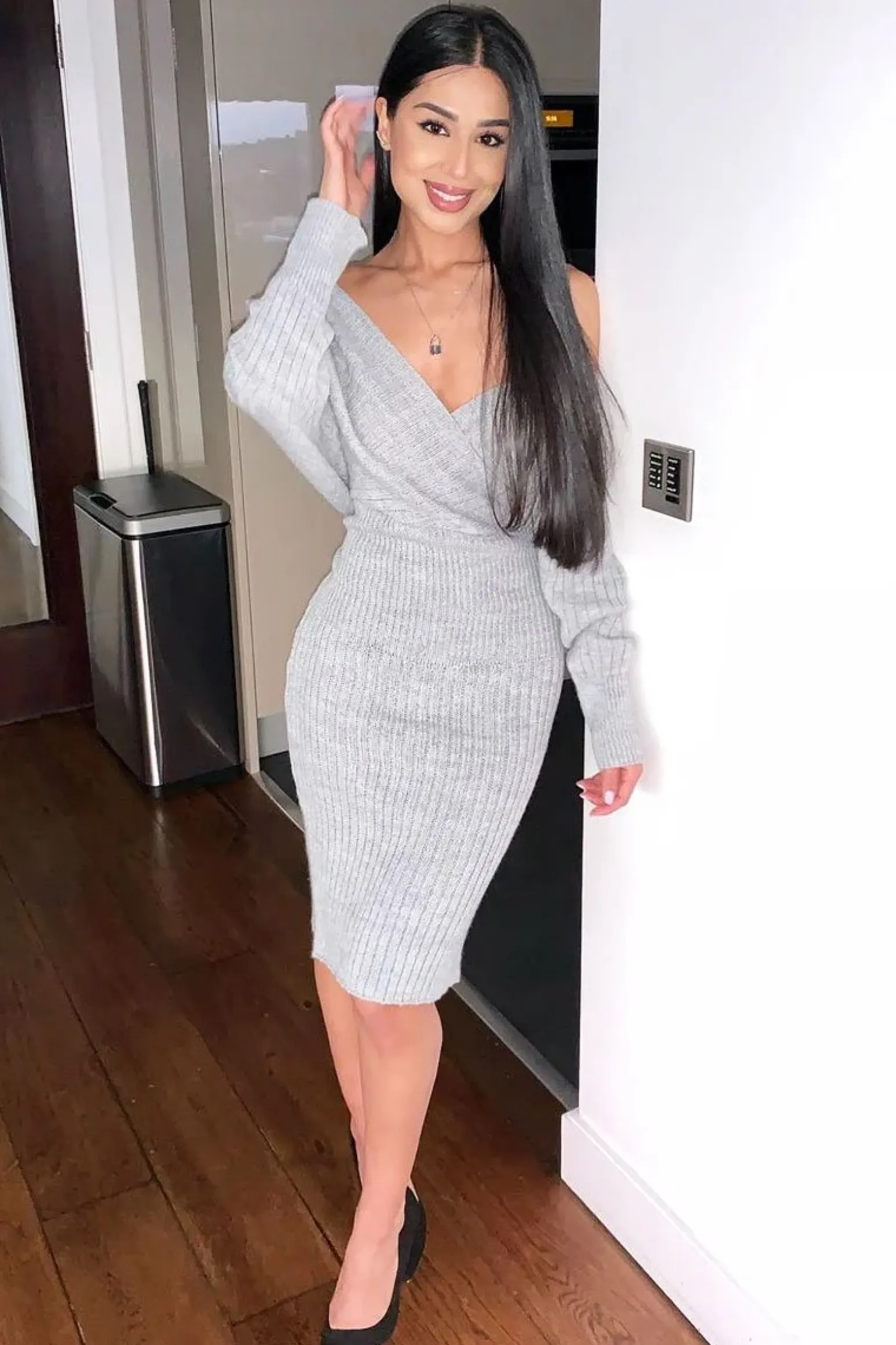 Rebellious Fashion Grey Wrap Front Midi Jumper Dress - Edan