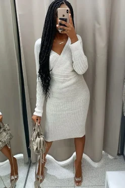 Rebellious Fashion Grey Wrap Front Midi Jumper Dress - Edan