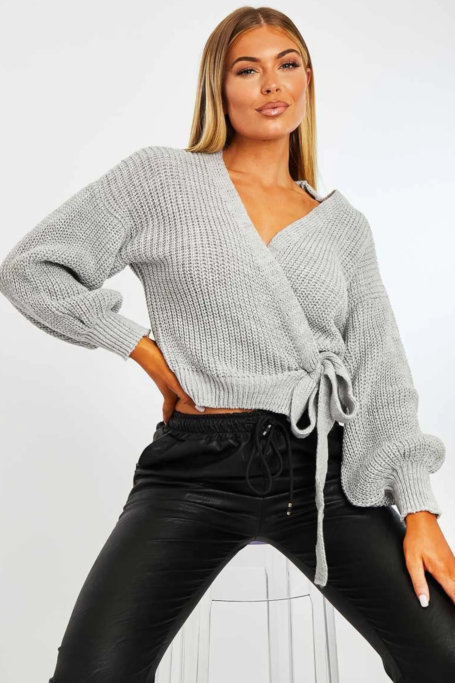 Rebellious Fashion Grey Wrap Tie Details Cardigan - Lucy
