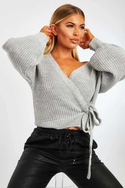 Rebellious Fashion Grey Wrap Tie Details Cardigan - Lucy