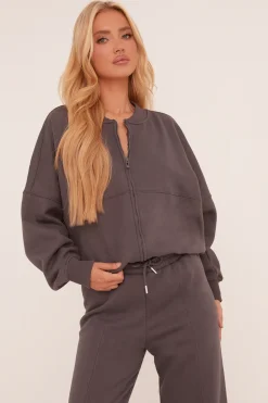 Rebellious Fashion Grey Zip Front Bomber And Joggers Co-ord Set - Sasha