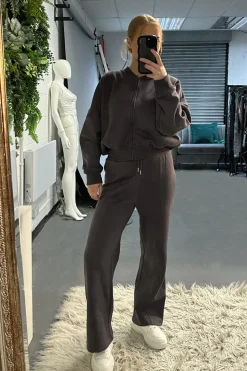 Rebellious Fashion Grey Zip Front Bomber And Joggers Co-ord Set - Sasha