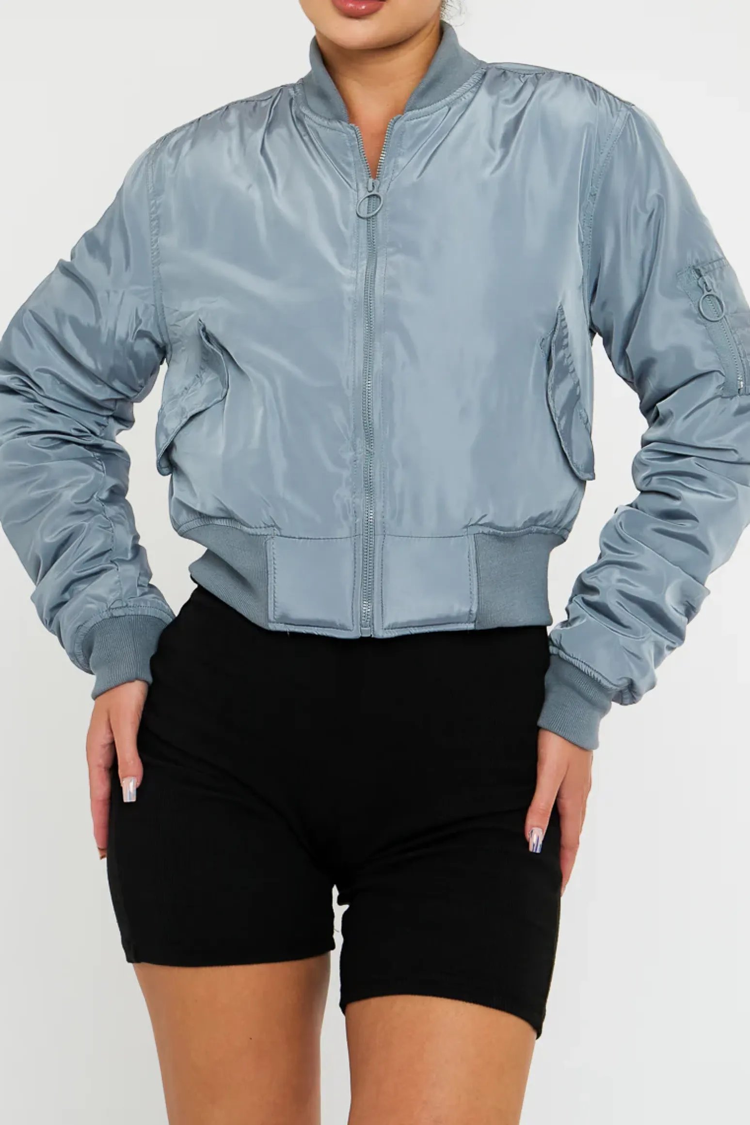 Rebellious Fashion Grey Zip Front Bomber Jacket - Jiya