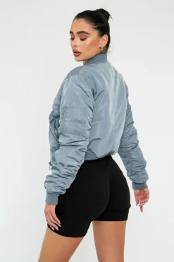 Rebellious Fashion Grey Zip Front Bomber Jacket - Jiya