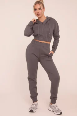 Rebellious Fashion Grey Zip Front Elasticated Detail Loungewear Co-ord Set - Carmel