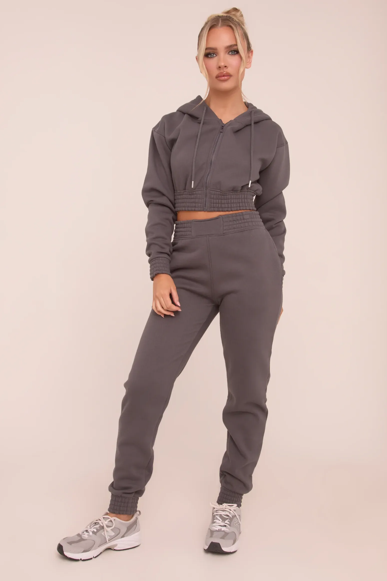 Rebellious Fashion Grey Zip Front Elasticated Detail Loungewear Co-ord Set - Carmel