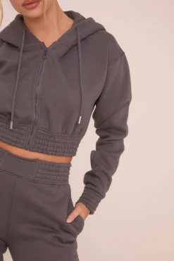 Rebellious Fashion Grey Zip Front Elasticated Detail Loungewear Co-ord Set - Carmel
